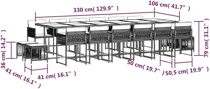 17-Piece Outdoor Dining Set, Large Rattan Garden Table and Chairs for 16 People, Patio Furniture for Summer Gatherings, Black and Cream