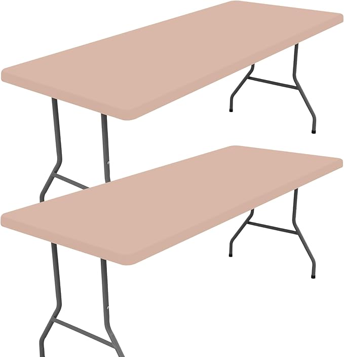 Moosfor Spandex 8 Foot Rectangle Table Cloth 2 Pack, Elastic Fitted Tablecloths for Picnic, Stretch Washable Patio Table Cover for Outdoor, Camping, Banquet and Parties (Nude, 30"x96")
