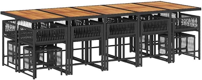 Garden Dining Set Black and Brown 14-Seater Outdoor Rattan Table and Chairs with Cushions for Patio Backyard Balcony