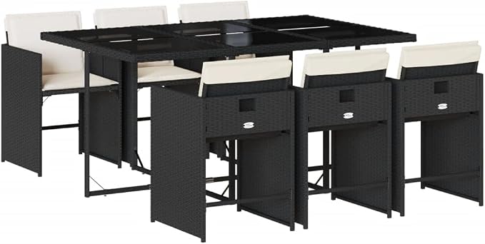 7 Piece Patio Dining Set with Cushions Black Poly Rattan Outdoor Garden Furniture Table and 6 Chairs for Backyard Poolside Relaxation Tempered Glass Top Foldable Storage