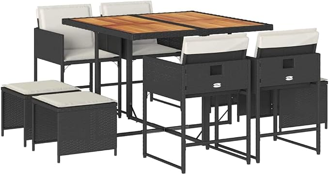 9-Piece Wicker Patio Dining Set with Acacia Wood, Black & Cream | Includes one dining table and eight cushioned chairs, ideal for backyard, deck, or terrace family gatherings.