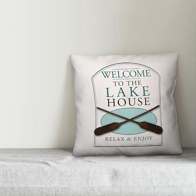 Welcome to The Lakehouse Indoor/Outdoor Pillow | Decorative Pillows for Living Room Couch Bed Sofa Patio, Fluffy Soft Cushion | Water Resistant Blue, 18x18