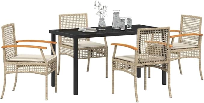 7-Piece Outdoor Dining Set, Garden Rattan Table with 6 Armchairs, Patio Furniture with Comfortable Cushions for Backyard, Deck, and Dining Area, Beige and Black
