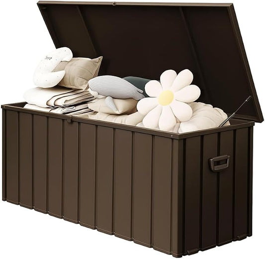 160 Gallon Waterproof Outdoor Deck Box Storage Chest in Dark Gray, Large Capacity Patio Storage for Garden Tools, Cushions, and More (190 Gallon (Dark Brown))