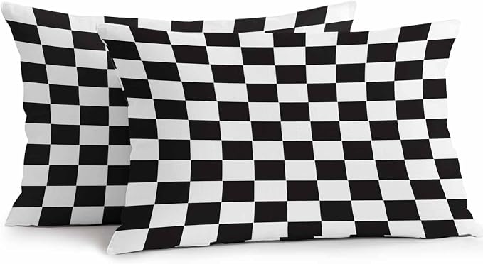 Lumbar Pillow Covers 20x12 Inch Set of 2, Simple Black White Checkered Waterproof Outdoor Cushion Covers, Lattice Buffalo Plaid Decorative Pillowcases for Couch, Sofa, Bed, Garden, Patio