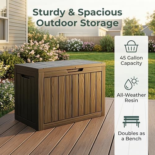 45 Gallon Deck Box, Waterproof Resin Outdoor Storage Box with Lockable Lid, Patio Storage Box Featuring Fade Resistant for Patio Furniture Cushions, Pool Accessories, Garden Tools, Black