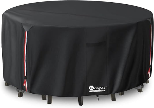 Round Patio Furniture Covers,600D Heavy Duty Waterproof Outdoor Furniture Cover for Round Dining Table with Rocking Swivel Chairs Set,84" Dia x 28" H Black