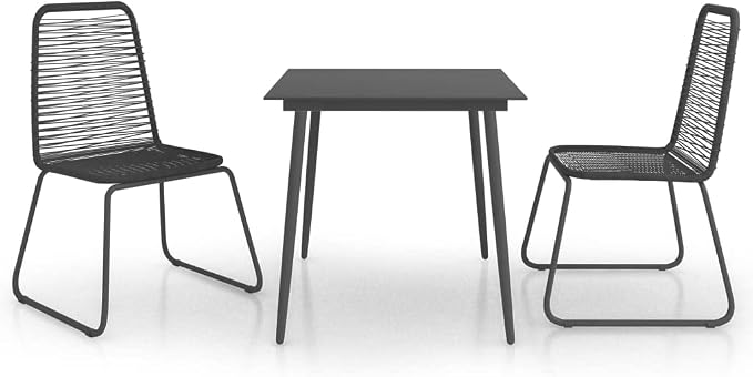 3 Piece Patio Dining Set, Outdoor Bistro Set with Square Glass Top Table and 2 PVC Rattan Chairs, Black Small Space Furniture for Garden, Backyard, Porch and Balcony