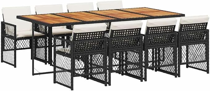 9-Piece Garden Dining Set, Black PE Rattan Outdoor Patio Furniture with Large Foldable Table and 8 Chairs, Modern Wicker Dining Set for Backyard and Terrace, 86.6" L
