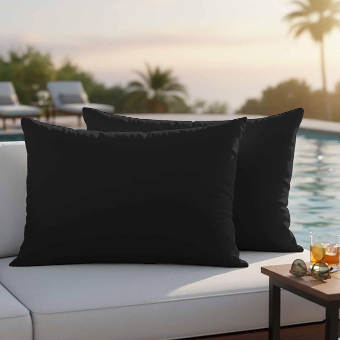 Lumbar Pillow Covers 20x12 Inch Set of 2, Black Pure Color Waterproof Outdoor Pillow Covers, Aesthetics Contemporary Luxury Decorative Cushion Pillowcases for Couch, Sofa, Bed, Garden, Patio