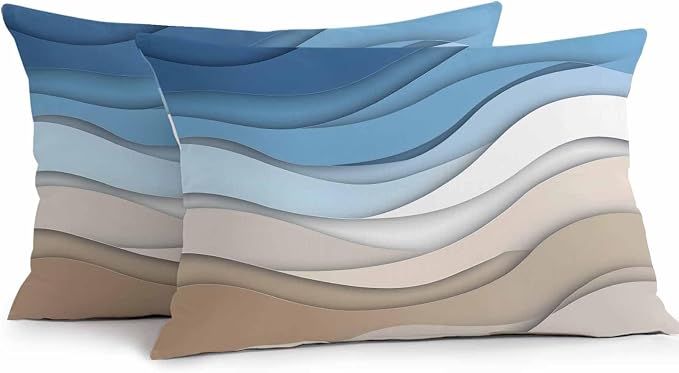 Modern Outdoor Pillow Covers Set of 2,Geometric Line Wave Striped Decorative Waterproof Throw Pillow Case,Minimalist Blue Brown Ombre Gradient Cushion Pillowcases for Couch Garden Patio,20x12In