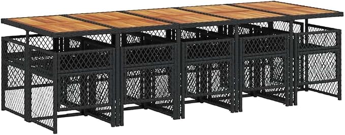 Garden Dining Set Black, Cream White 11 Piece Outdoor Table and Chairs for Patio Backyard with UV Resistant Poly Rattan Wood Table Foldable Storage