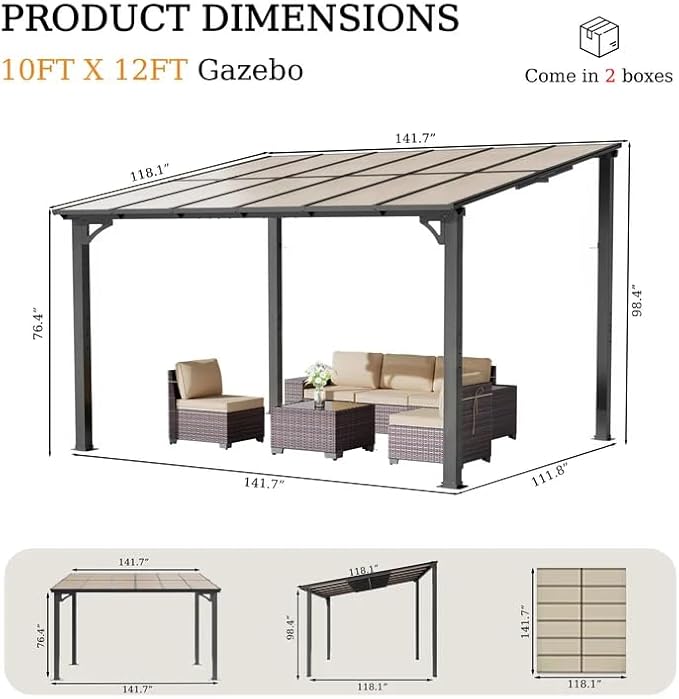ALAULM 10'x 12' Outdoor Hardtop Pergola,Wall Mounted Lean to Gazebo with Sloped Sun Panel Roof,Galvanized Metal Frame,Sunshade for Patio, Backyard, Deck and Poolside