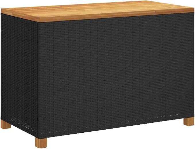 Patio Storage Box, Deck Box Organization and Storage, Deck Storage Container Box for Patio Furniture,Outdoor Cushions, Pool Supplies, Black 43.3"x21.7"x24.8" Poly Rattan Acacia Wood