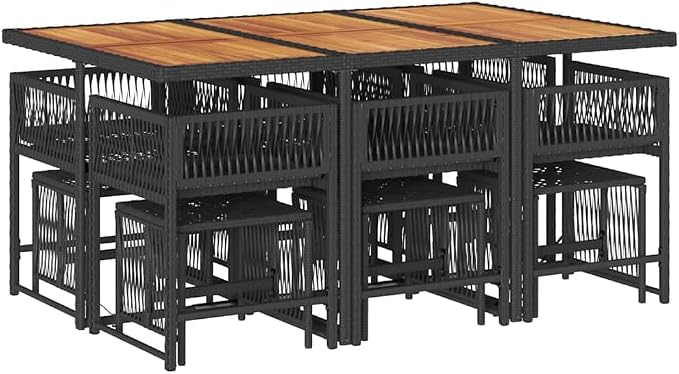 11 Piece Outdoor Dining Set with Cushions, 10-Seater Patio Table and Chairs, Space-Saving Cube Garden Furniture, Black Poly Rattan