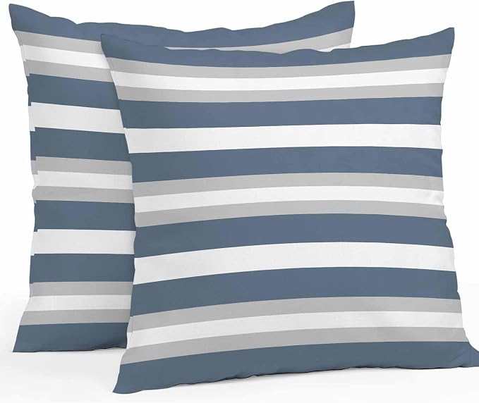 Haze Blue Stripe Outdoor Pillow Covers Waterproof, All Weather Cushion Case Set of 2, Farmhouse Blue Gray Striped Decorative Pillowcases for Sofa Couch Bed Decor Patio Furniture 16"x16"