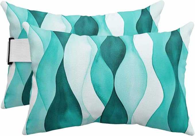 Outdoor Pillow for Chaise Lounge Chair Teal Green Gradient Ripples Outdoor Pillows Waterproof with Adjustable Strap Headrest Lumbar Pillows for Garden Patio Furniture 2 Pack 12" x 20"