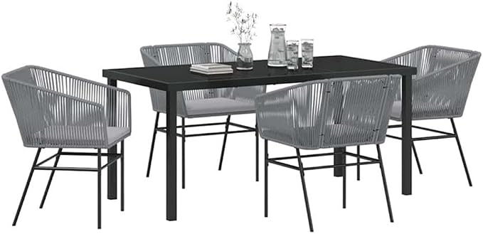 Afuera Living 5-Piece Powder-Coated Steel Patio Dining Set, Gray Finish, Includes Cushioned Chairs and Rectangular Table with Tempered Glass Top, UV-Resistant Materials, Modern Outdoor Furniture for