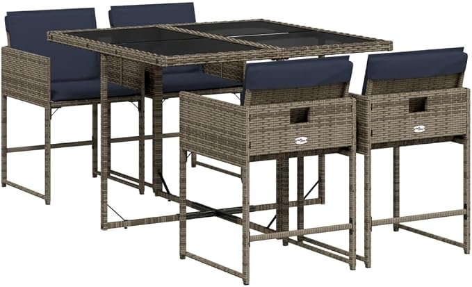 5 Piece Garden Dining Set with Cushions Grey Poly Rattan Outdoor Patio Furniture Table and 4 Folding Chairs with Removable Washable Cushion Covers UV Resistant Tempered Glass Top for Backyard