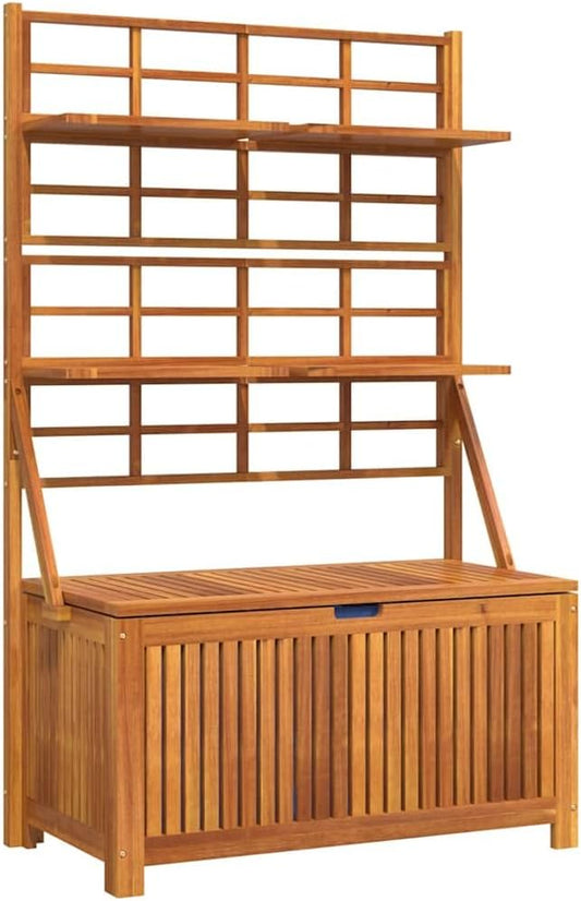 Solid Acacia Wood Storage Box with Trellis, 39 x 19.7 x 63 in Brown Garden Storage for Tools and Supplies
