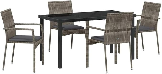 Afuera Living 5 Piece Poly Rattan Garden Dining Set, Gray Cushions, Tempered Glass Tabletop, Powder-Coated Steel Frame, Modern Outdoor Furniture for Patio or Garden, Seating Capacity 4,