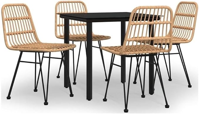 BOWERY HILL 5-Piece Poly Rattan Patio Dining Set, Black Powder-Coated Steel, Tempered Glass Tabletop, Compact 31.5 in x 31.5 in Table, Outdoor Garden Furniture for Relaxed or Classy Entertaining