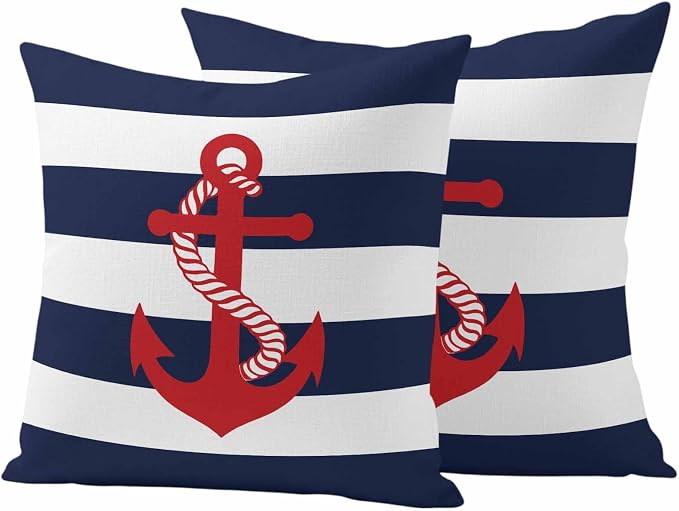 Nautical Anchor Outdoor Waterproof Throw Pillow Covers Set of 2, 18"x18", Coastal Navy Blue Stripe Decorative Pillow Covers Outside Cushion Case for Patio Porch Garden