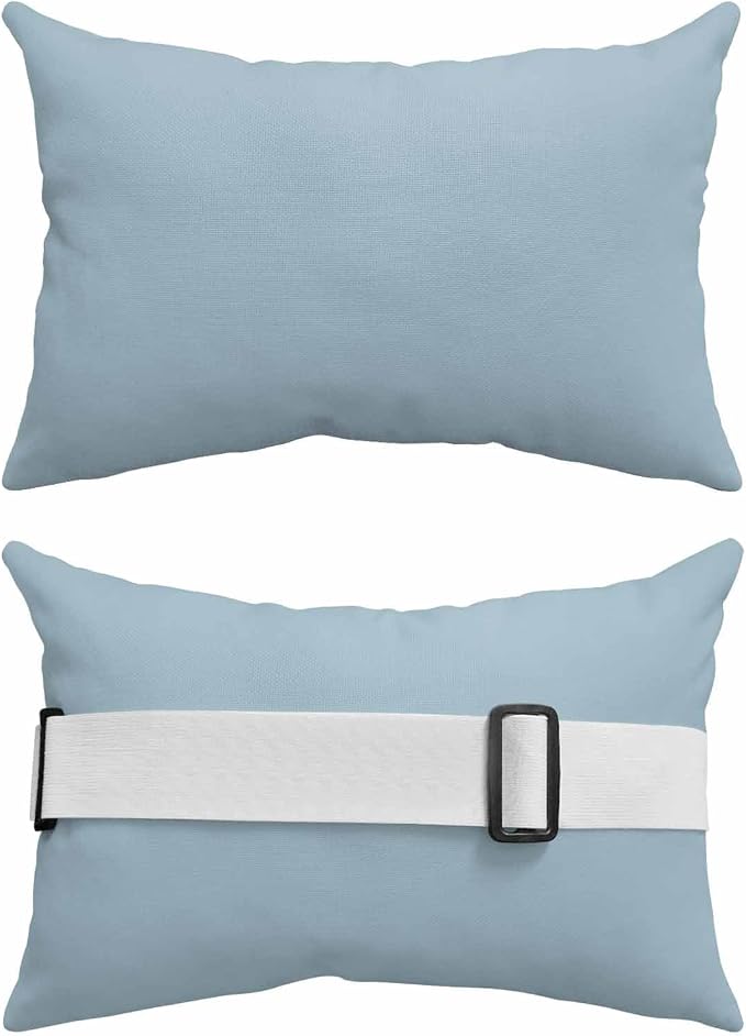 Outdoor Lumbar Pillows with Strap & Insert Winter Sky Blue Recliner Head Pillow Pack of 2 Solid Color Waterproof Headrest Patio Lounge Chair Pillows for Beach Pool Office Chaise Chair 12x20 Inch