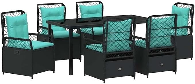 Afuera Living 7 Piece Patio Dining Set, Poly Rattan and Steel, Black, Glass Tabletop, Foam-Padded Chairs, Weather-Resistant, Modern Design for Garden, Terrace, Outdoor Dining and Relaxation
