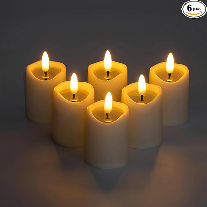 Simplelight Ivory Flameless Votive Candles with Timer, Realistic Black Wick Fall Candles Battery Operated, Battery Included, D 1.8” X H 3.1”, Set of 6 for Halloween, Holiday Decoration (Ivory)