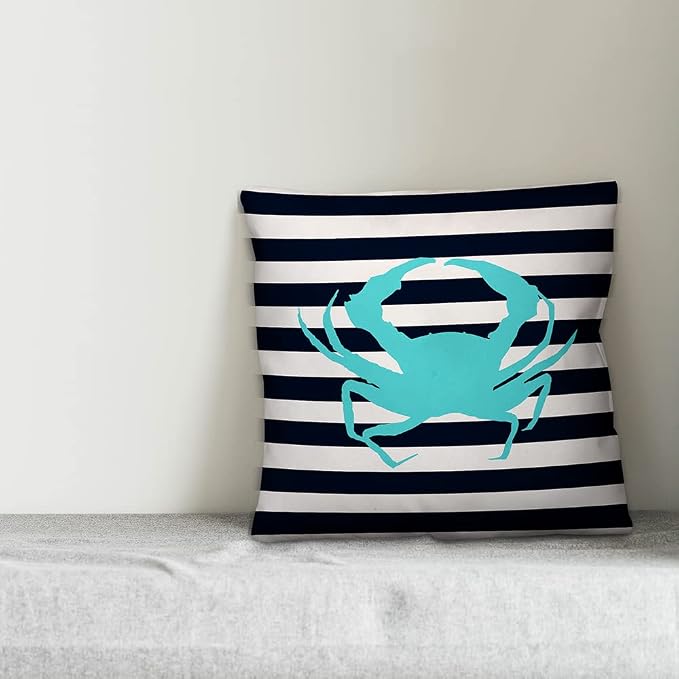 Blue Crab Indoor/Outdoor Pillow | Decorative Pillows for Living Room Couch Bed Sofa Patio, Fluffy Soft Cushion | Water Resistant Blue, 18x18