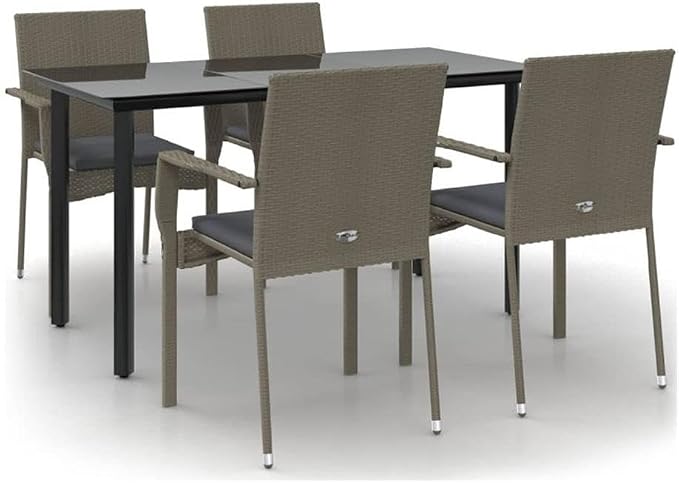 BOWERY HILL 5-Piece Garden Dining Set, PE Rattan and Powder-Coated Steel, Black and Gray Finish, Rectangular Table with 4 Cushioned Chairs, Weather-Resistant Outdoor Patio Furniture