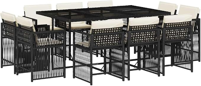 11 Piece Garden Dining Set, 10 Seater Outdoor PE Rattan Dining Table and Chairs with Washable Cushions, Space Saving Furniture Set for Patio Terrace and Backyard, Black and Cream