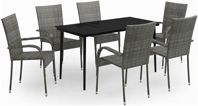 Afuera Living 7-Piece Outdoor Garden Dining Set, Gray and Black PE Rattan, Powder-Coated Steel, Rectangular Table with 6 Chairs, Weather-Resistant, Modern Patio Furniture for Terrace or Balcony