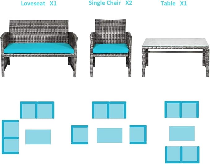 COSTZON HOMGX 4-Piece Patio Furniture Set, Outdoor PE Rattan Conversation Set w/Tempered Glass Table & Soft Cushions, Wicker Conversation for Sofa Porch, Poolside, Backyard (Turquoise)