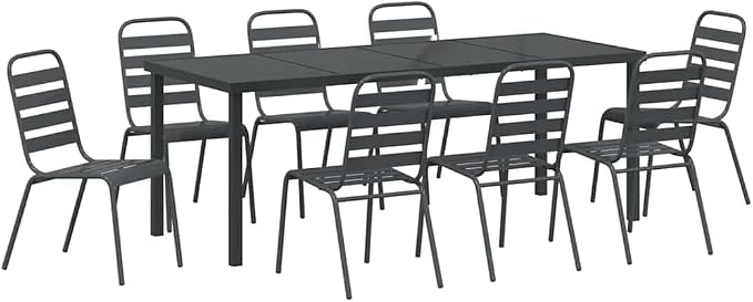 9 Piece Outdoor Garden Dining Set, Anthracite Powder-Coated Steel Patio Table and 8 Chairs, Industrial Metal Furniture for Backyard, Deck, and Lawn