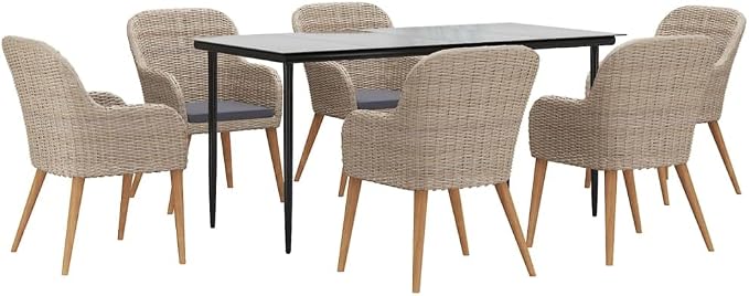 7 Piece Acacia Wood Patio Dining Set with Brown Cushions, Tempered Glass Tabletop, Powder-Coated Steel Frame, Removable Foam-Filled Cushions for Outdoor Garden
