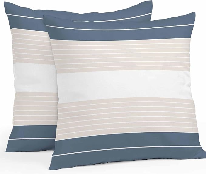 Haze Blue Beige Stripe Outdoor Pillow Covers Waterproof, All Weather Cushion Case Set of 2, Modern Art Horizontal Striped Decorative Pillowcases for Sofa Couch Bed Decor Patio Furniture 16"x16"