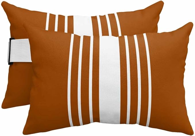 Pack of 2 Outdoor Lumbar Pillow Covers 12x20 Inch, Burnt Orange White Stripe Waterproof Throw Pillow Covers Set, Modern Rustic Vertical Striped Indoor&Outdoor Cushion Cases for Patio Porch Beach