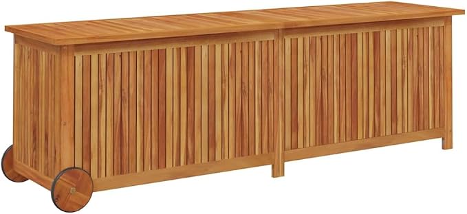 Outdoor Garden Storage Box with Wheels, Large Acacia Wood Deck Bin for Patio Cushions, Toys and Garden Tools, 59.1 x 19.7 x 22.8 inch