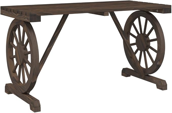 5-Piece Burnt Fir Wood Patio Dining Set with Wagon Wheel Design | Features 1 round table and 4 matching stools, providing rustic outdoor seating for backyard, garden, or porch.