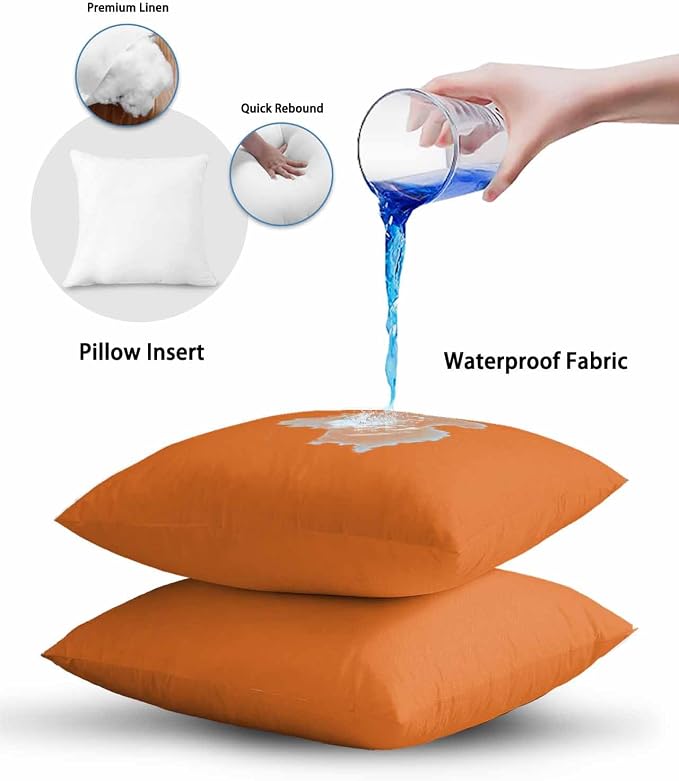 Outdoor Waterproof Throw Pillows Solid Art Minimalist Pure Orange Patio Pillows Pack of 2,Decorative Pillow Covers with Insert,Pillow Cushion Case for Garden Couch Sofa Plain Single Bright Color