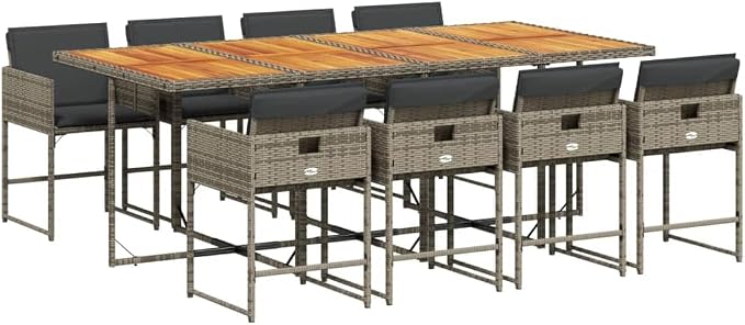 9 Piece Patio Dining Set with Cushions Gray Poly Rattan Outdoor Dining Table and 8 Folding Chairs for Backyard Garden Deck Seating UV Protected