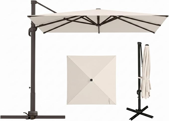 8' X 8' Patio Umbrella, Cantilever Umbrella with 360°Rotation, Offset Patio Umbrella with Easy Tilt & Fade Resistance for Pool Deck Garden Backyard, Off-White (Base not Included)