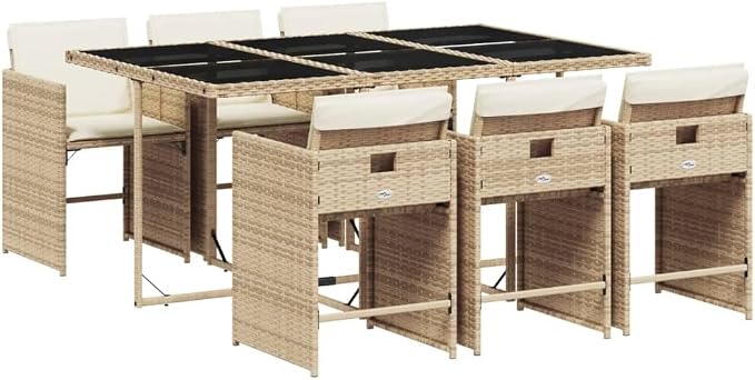 7-Piece Patio Dining Set with Cushions Beige Poly Rattan Outdoor Furniture Set for Garden Backyard Balcony Porch Includes Tempered Glass Table & Foldable Chairs