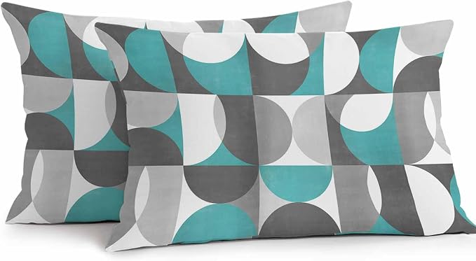 Vandarllin Outdoor Throw Pillows Covers 20x12 inch Set of 2 Waterproof Mid Century Geometric Decorative Zippered Cushion Covers for Patio Furniture, Abstract Modern Teal Lumbar Pillowcases