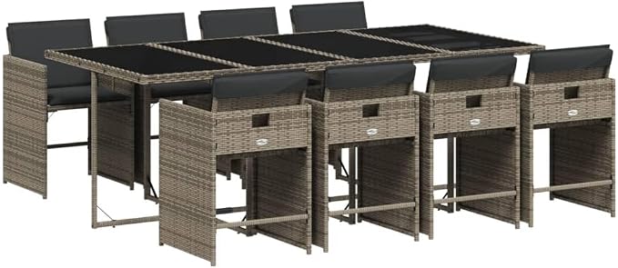 9-Piece Patio Dining Set, 8-Seater Outdoor Garden Table and Chair Furniture with Cushions, Space-Saving Foldable Rattan Design, Gray
