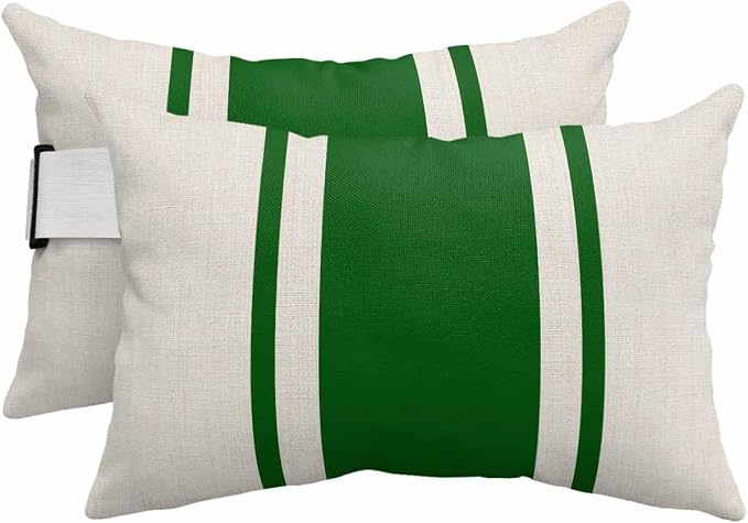 Outdoor Lumbar Pillows with Strap & Insert Green Stripe Lines Recliner Head Pillow Pack of 2 Linen Striped Waterproof Headrest Patio Lounge Chair Pillows for Beach Pool Office Chaise Chair 11x16 Inch