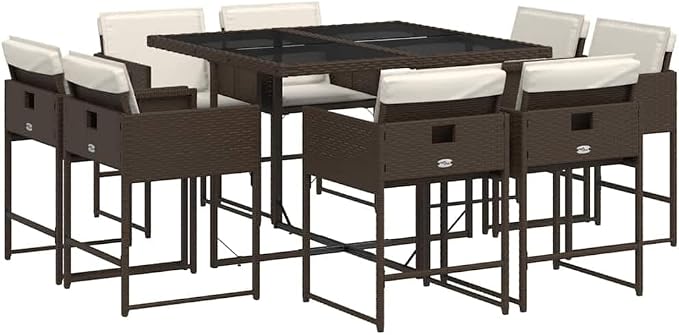 9 Piece Brown Patio Dining Set with Cushions Poly Rattan Outdoor Table and 8 Chairs Space-Saving Folding Backrest Tempered Glass Top for Garden Backyard Relaxation