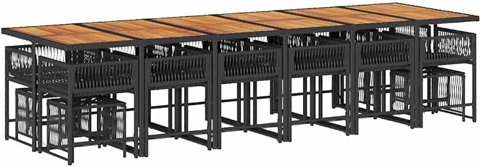 17-Piece Outdoor Dining Set, 16-Seater Patio Furniture with Acacia Wood Table and PE Rattan Chairs, Black and Cream White Garden Seating for Large Gatherings